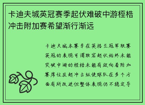 卡迪夫城英冠赛季起伏难破中游桎梏冲击附加赛希望渐行渐远 卡迪夫城英冠赛季起伏难破中游桎梏冲击附加赛希望渐行渐远